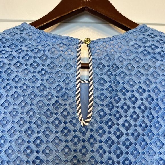 Draper James Size 4 Top Lattice Double Bell Sleeve Blue White Lace Sheer Easter - Picture 9 of 12